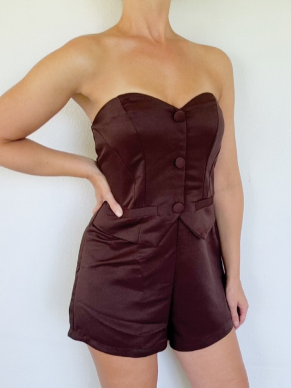 Forever 21 x SHEIN dark brown strapless button vest romper size medium